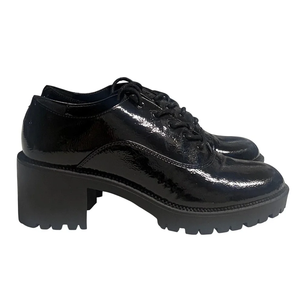 Mix‎ No. 6 Seren Black Patent Lug Sole Block Heel Lace Up Oxfords Shoes 9M